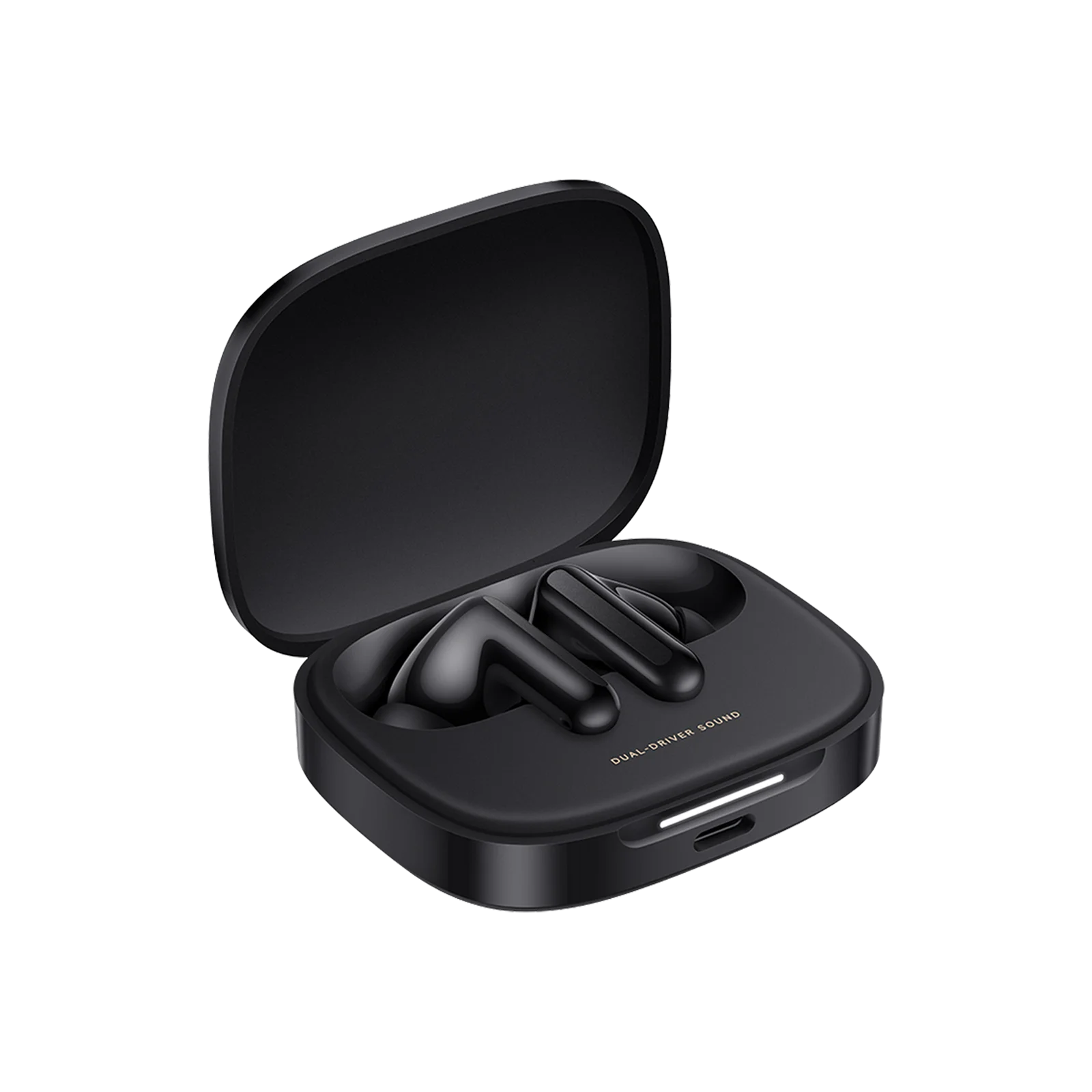 Night-Black Redmi Buds 6 earbuds and charging case, showcasing ergonomic design and discreet aesthetic.
