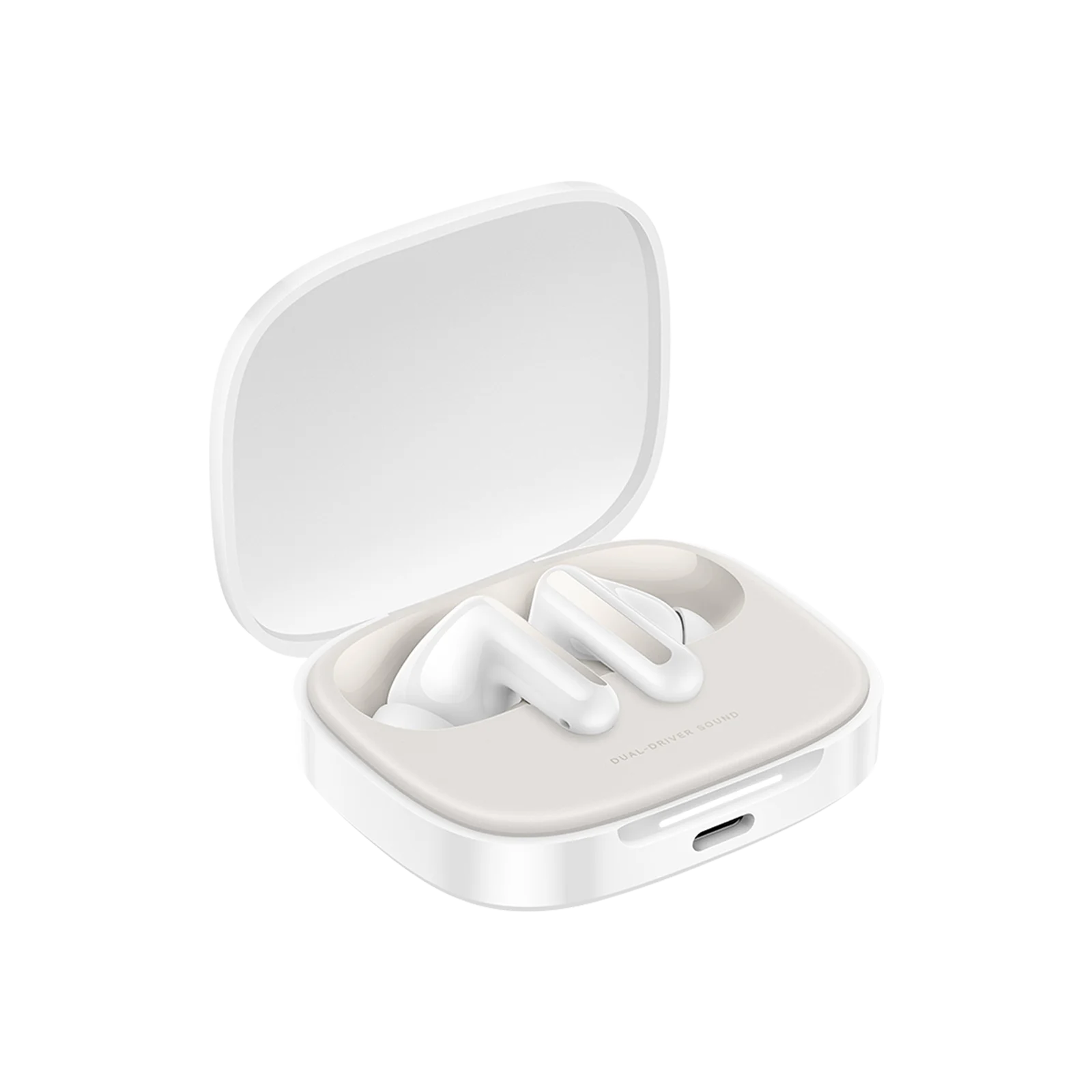 White Redmi Buds 6 earbuds and charging case, showcasing ergonomic design and clean aesthetic.