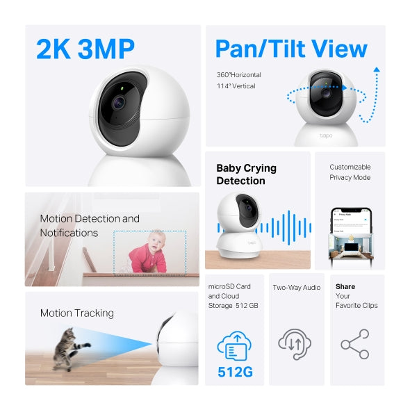 TP-Link Tapo TC71 CCTV 1296P/ 2K Full HD IP Camera 360 Pan 114 Tilt Wireless Wi-Fi Home Security Surveillance WiFi