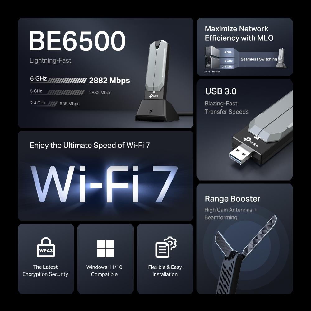 TP-Link Wi-Fi 7 High Gain Wireless USB BE6500 Wifi Adapter Wifi Dongle Archer TBE400UH